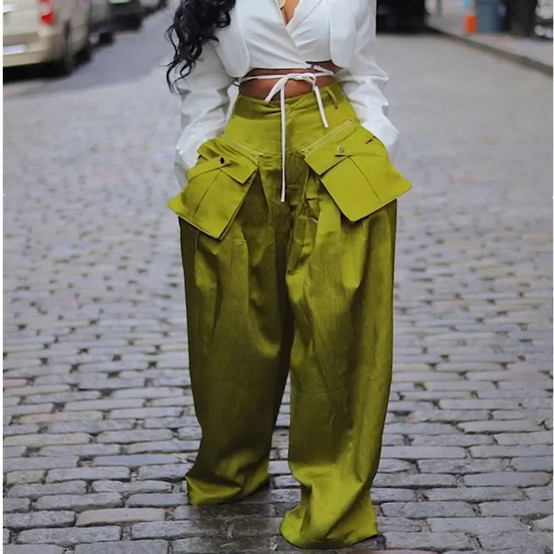 

Fmxires Fashion Streetwear Women detachable pocket Zipper Fly Loose Wide Leg Pants 2024 Cargo Streetwear Safari Style Trousers