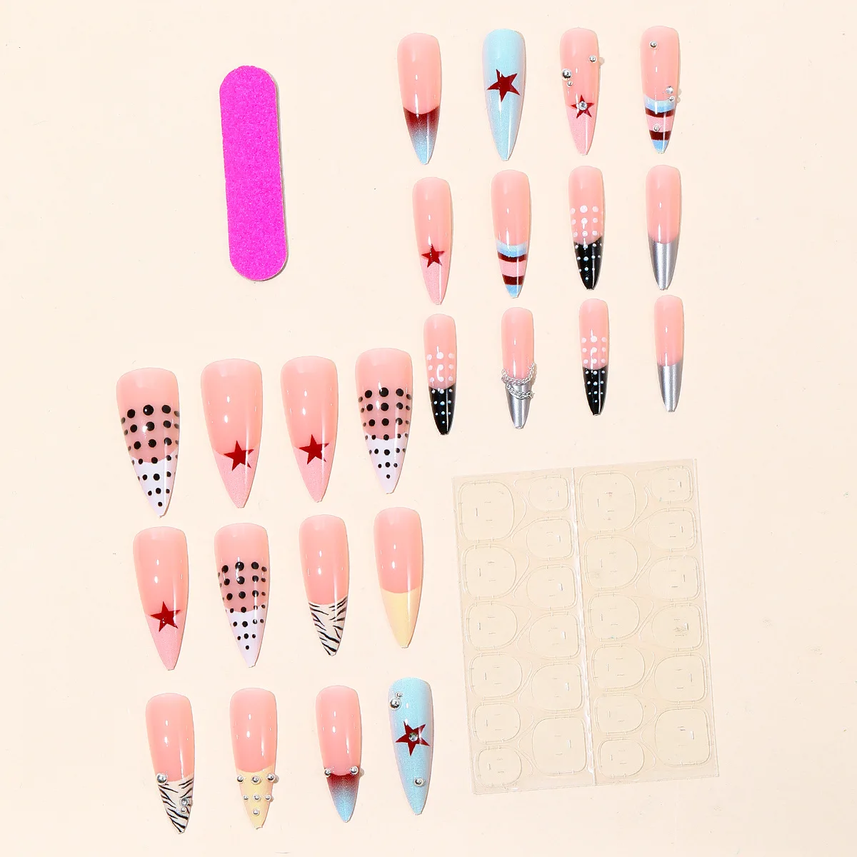 24 Stück Spicy Girl Lange Spitze Künstliche Nägel Y2k Polka Dot Streifen Französischer Stil Aufklebenägel Stern Stahlkugelketten-Dekor Falsche Nägel – Detail 4