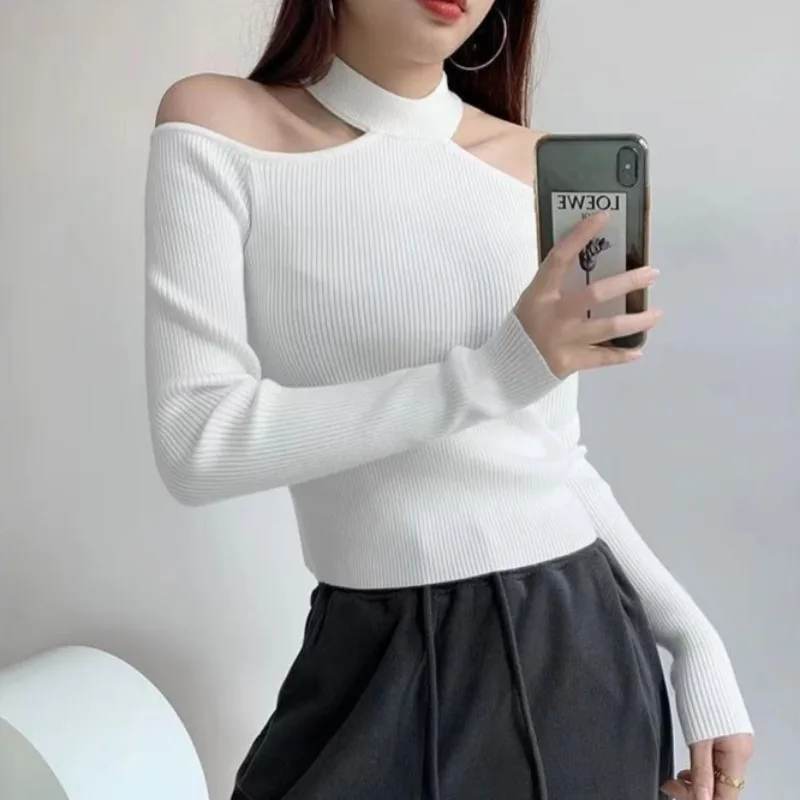 2023 New Women T Shirt Long Sleeve Shoulder Bare Dropped Sleeve Crop Top 2023 Bottoming Knitted T-shirts Slim Fitness Clothing