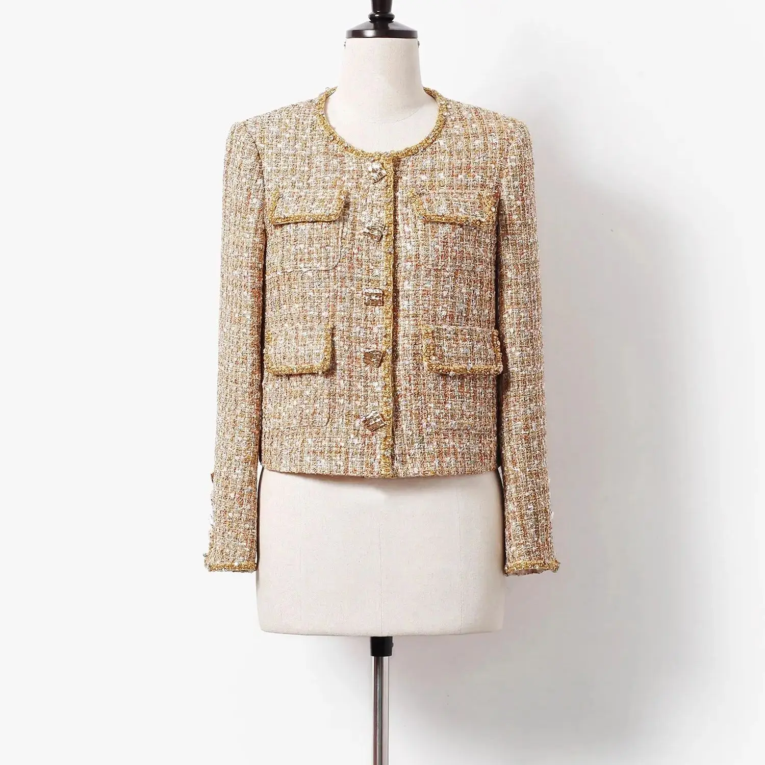 

Осень-зима, женские элегантные твидовые кардиганы, короткое пальто с карманом, однобортная куртка для женщин, верхняя одежда, модный женский топ