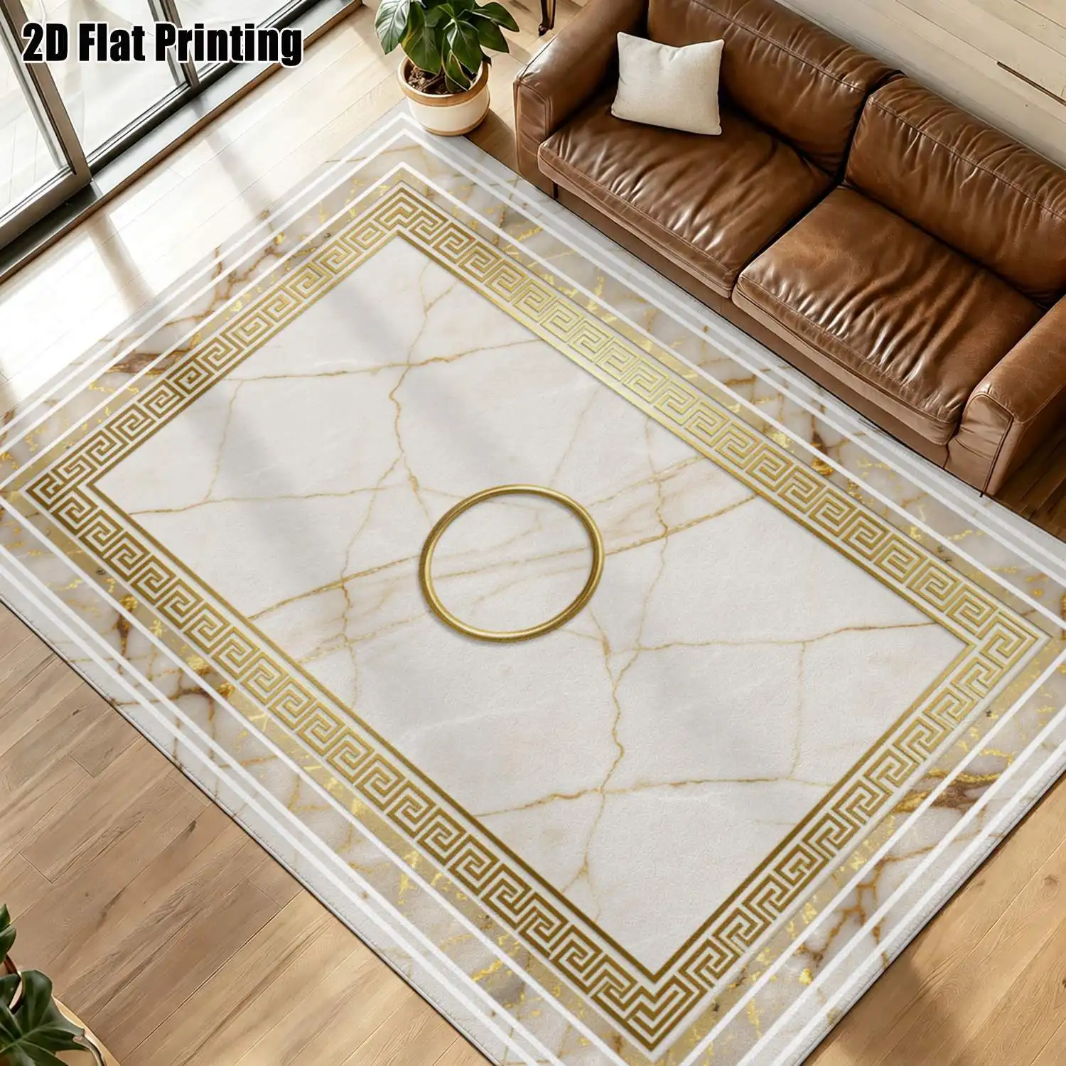 1Pc 2D Printed Carpet: Beige Marble & Gold Herringbone Border European Style, Fits Minimalist/Vintage/Geometric Decor. Home Decor, Multi-Size, Machine Washable. For Entrance, Dining Room, Foyer, Bedroom, Living Room.