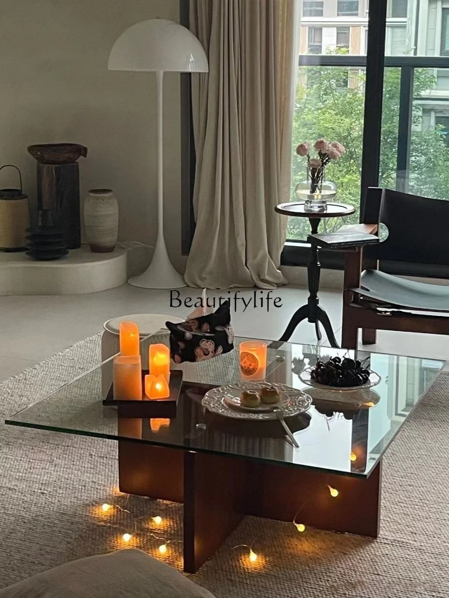 Nordic Customer Tempered Glass Coffee Table Light Luxury Antique Modern Simple Solid Wood Reception Tea Table