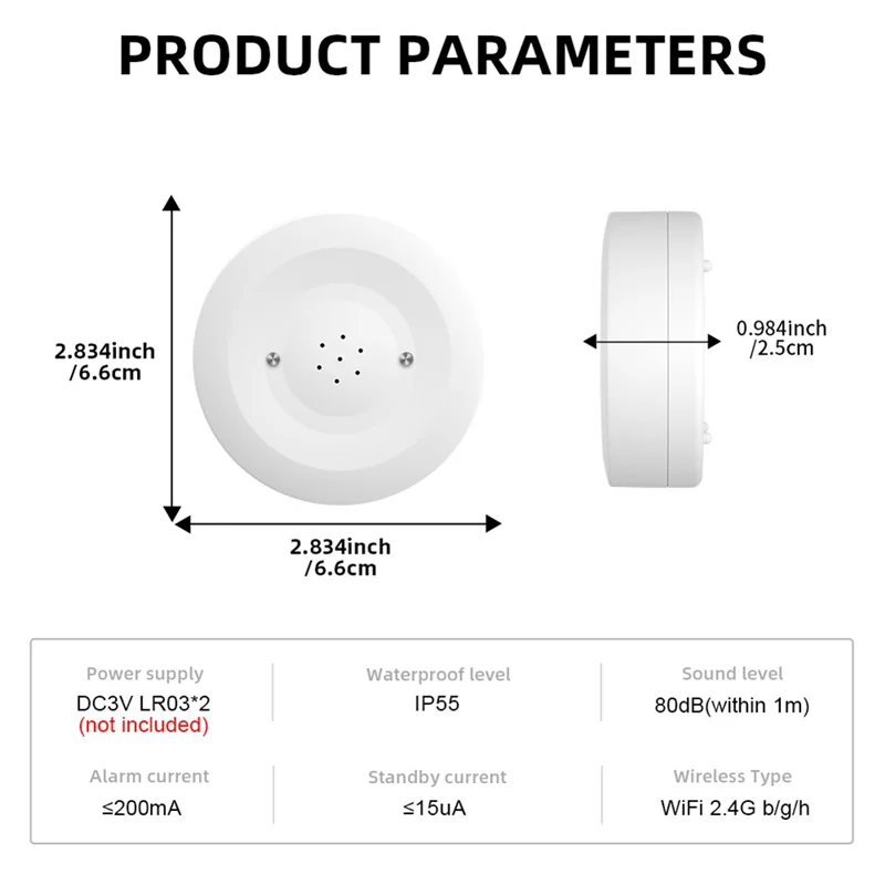 ABSQ-Tuya Wifi Waterleksensor Overstromingslekkage Detector Met Geluidsalarm 80Db IP55 Waterdichte Watersensor Afstandsbediening Monitor