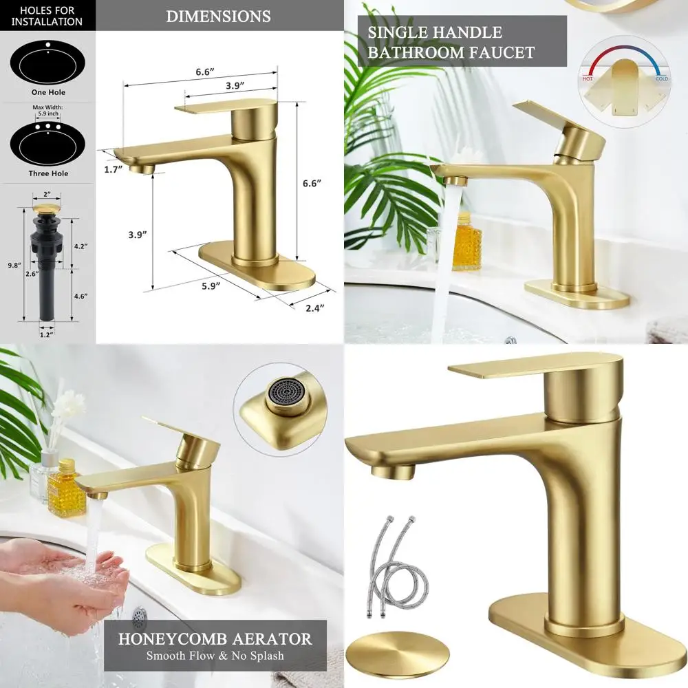 

Single Handle Brushed Gold Bathroom Sink Faucet with 1-Hole Mount, Pop-Up Drain & Supply Hoses