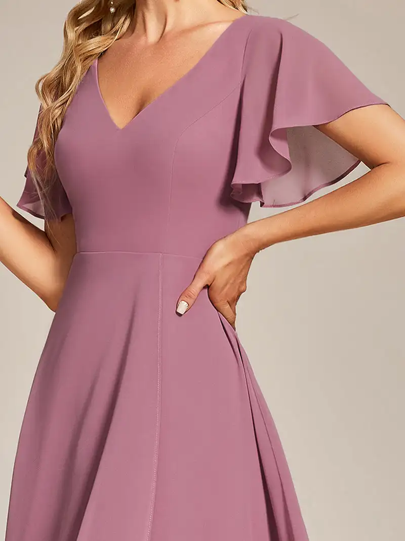 Elegante Abendkleider mit V-Ausschnitt, hohem, tiefem Rüschen, versteckter Reißverschluss, bis zur Mitte der Wade 2025, Ever Pretty von Brautjungfernkleidern aus Chiffon-Orchideen