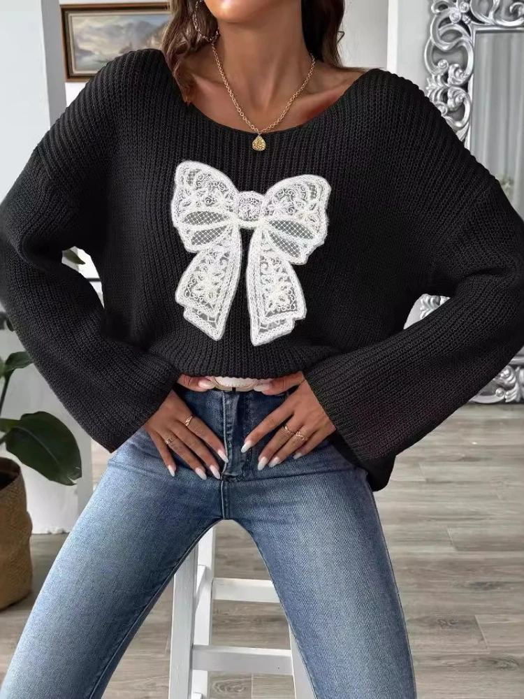 Women's Pullover Sweater with Bow Embroidery Knitted Sweater One Collar Off Shoulder Flared Sleeve Top