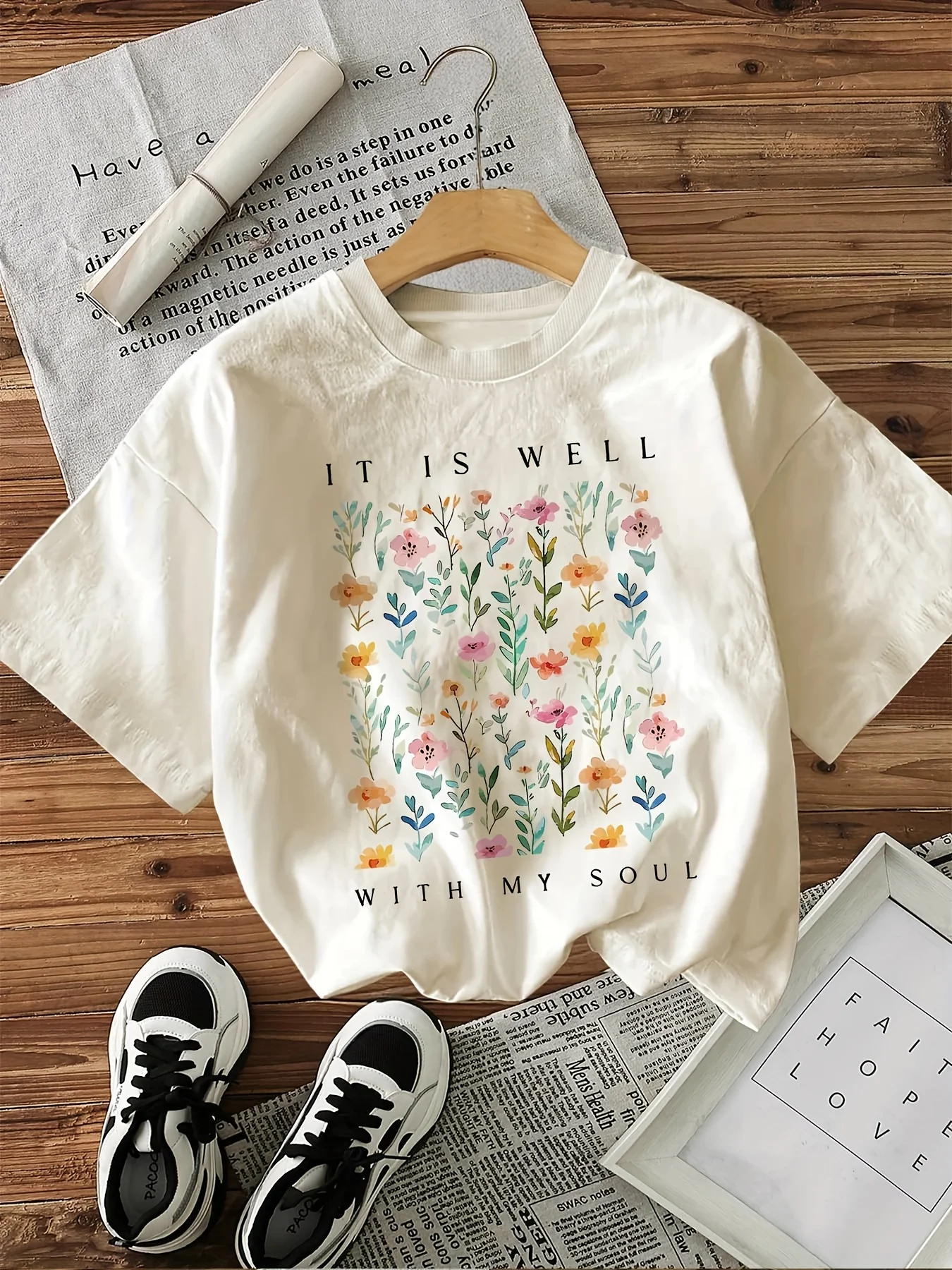 Short Sleeved Round-Neck Women T-Shirt with A Floral Print T Shirt Featuring The Phrase It Is Well with My Soul Graphic Tops