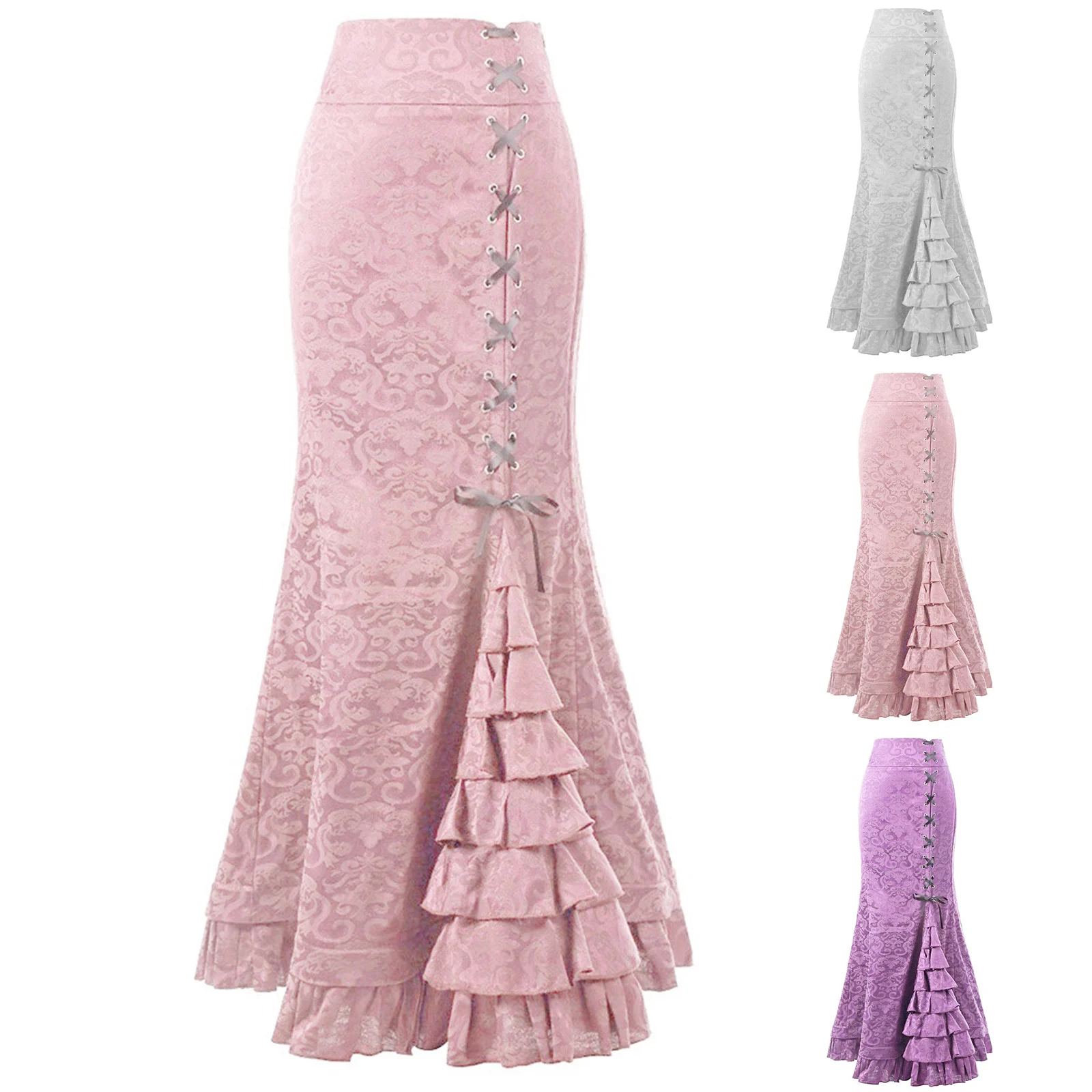 Gothic Women's Fishtail Long Skirt Vintage Victorian Steampunk Lace-Up Tiered Ruffled Skirts Medieval Costumes Faldas Mujer