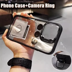 Camera Metal Ring Stand Phone Case For IPhone 15 14 Pro Max 15pro Lens Glass Protection Transparent Phone Cover