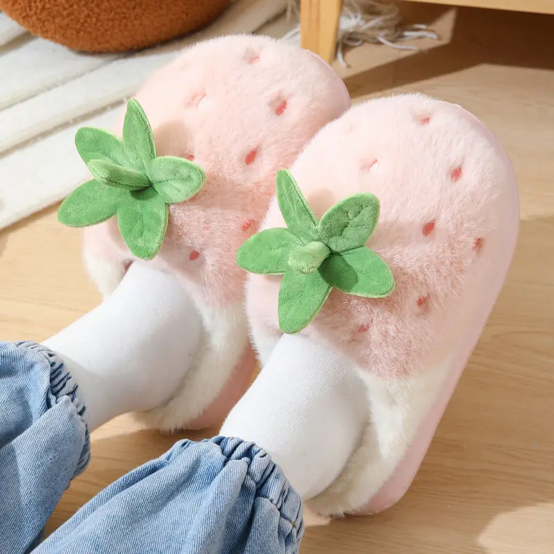 

​Women's Winter Fluffy Slippers Cartoon Strawberry Thick Sole Slippers for Home Warm Plush Cozy Indoor Footwear for Women​