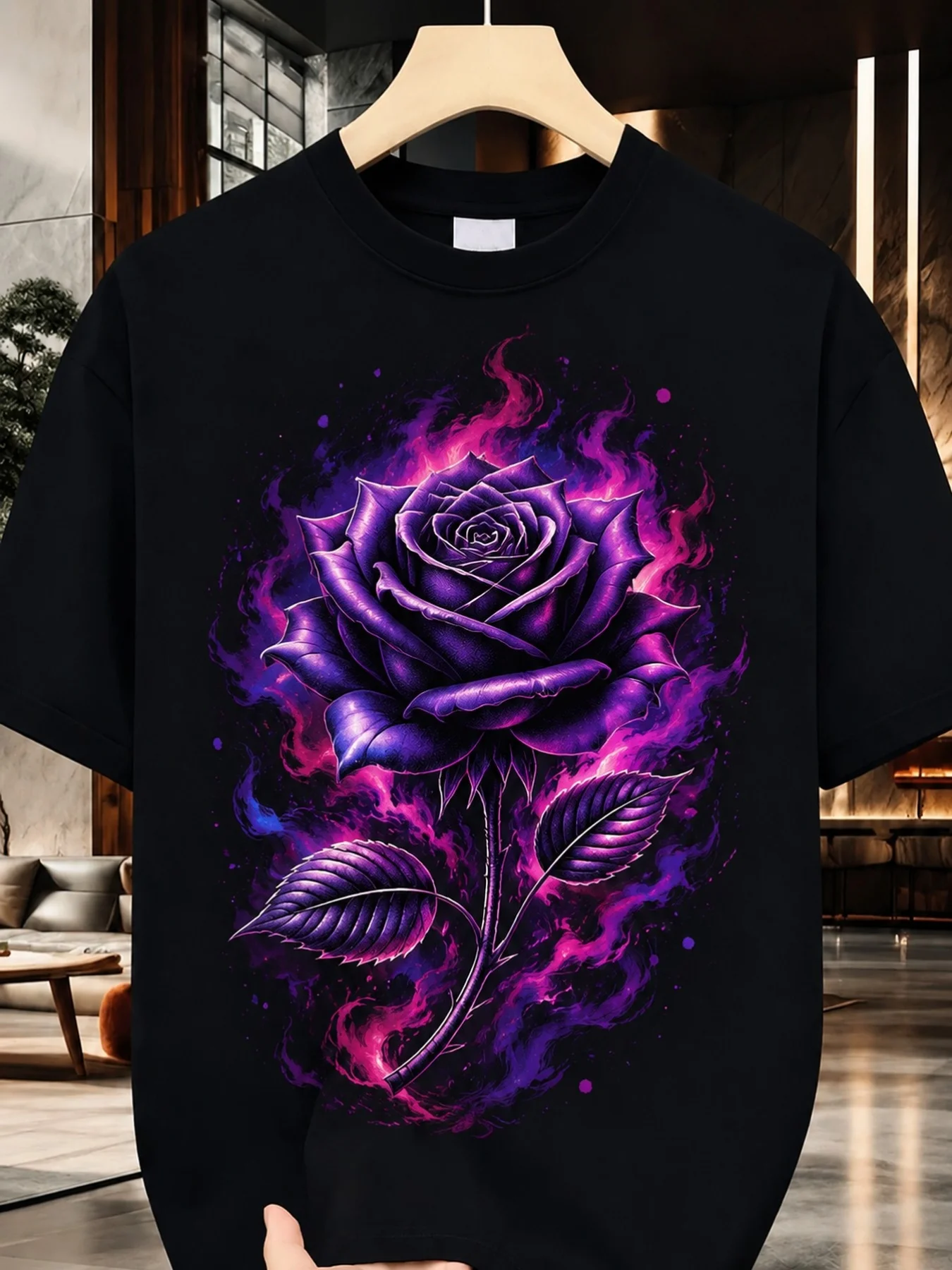 [Mens Loose Fit T-Shirt] Purple Flame Rose Tee - Mens Casual T-Shirt, All Season Men Short Sleeve Round Neck T-Shirt, Loose Fit, Soft Feel, Machine Washable, Local Warehouse,