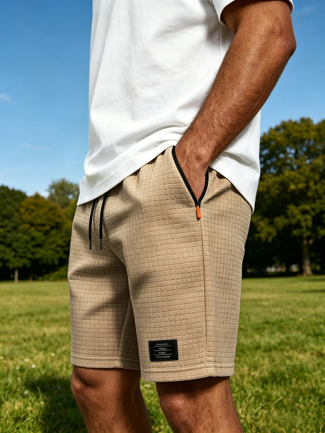 Men's Mature Sports Textured Drawstring Shorts, 3D Waffle Fabric, Functional Zipper Pockets, Loose Fit for Office Commute & Ligh