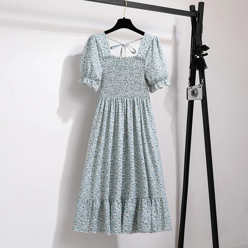 Vestido de Verano de Chifón con Plisados para Mujer, Casual para Playa y Vacaciones, Manga Corta, Cuello Cuadrado, Largo Medio, Bohemio 2