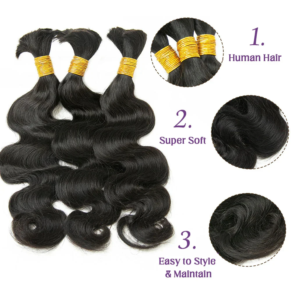 Extensions de Cheveux Humains Vierges Noirs Naturels en Vrac pour Tressage, Tresses sans Trame, 16 en Vrac-26