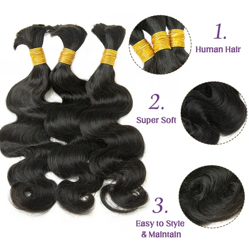 Imagen 2 del producto Extensiones de cabello humano ondulado sin trama, extensiones de cabello humano a granel, 16 ''-26'', cabello virgen negro Natural a granel para trenzar