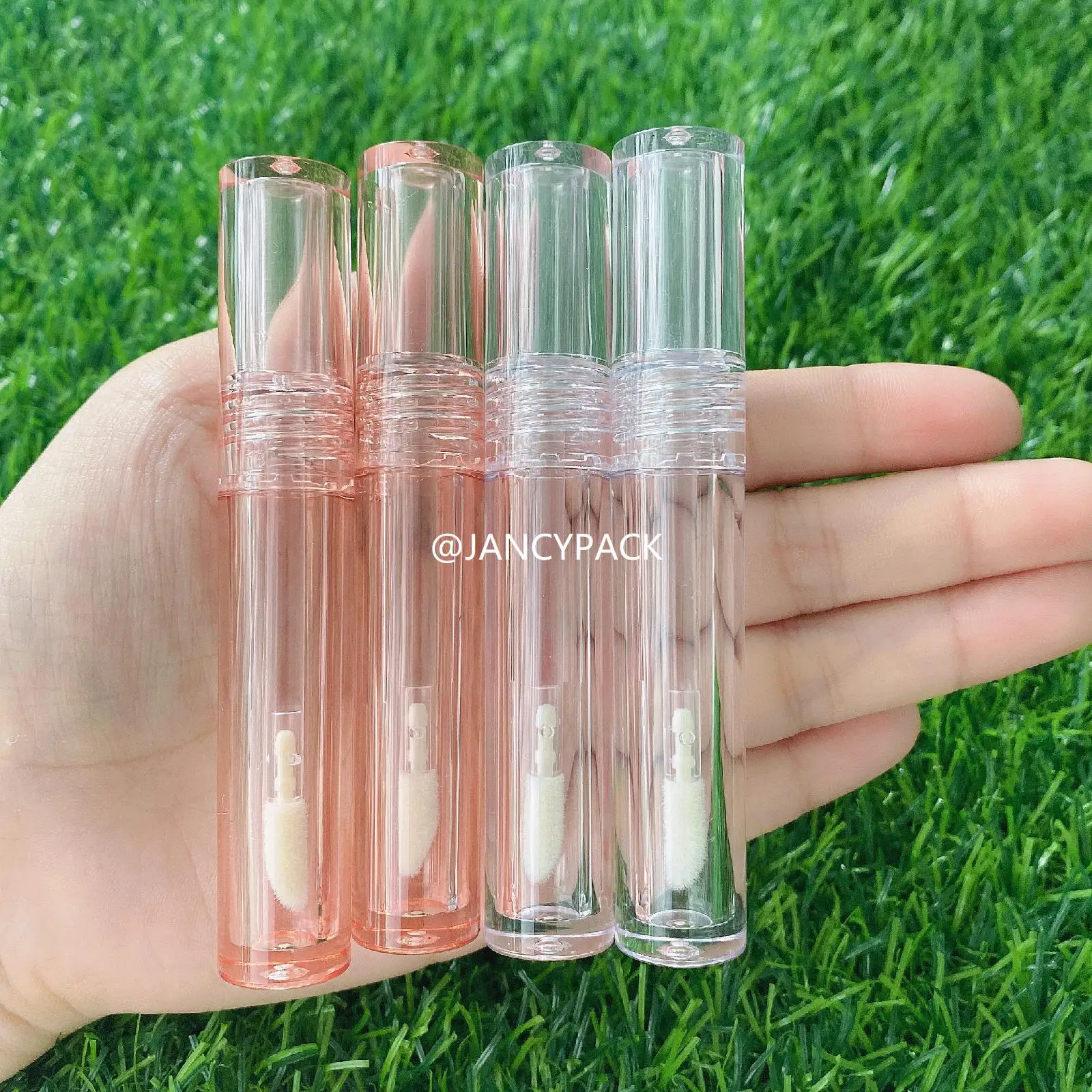 Botella de aceite de labios delgada, redonda, totalmente transparente, logotipo personalizado, embalaje de tubos de brillo de labios transparentes de plástico vacío, 2ml