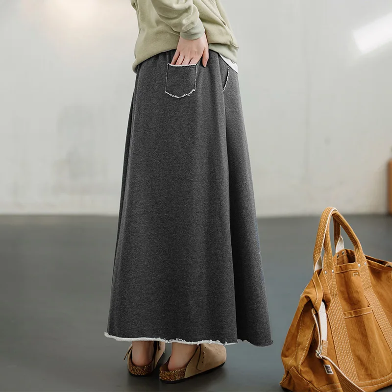 Maden Casual Knit Skirt Drawstring Elastic Waist A-Line Loose Fit with Pockets Solid Color Versatile Maxi Skirt for Autumn Women