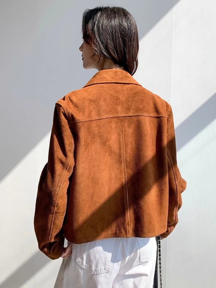 แจ็คเก็ตหนังแท้สไตล์วินเทจสำหรับผู้หญิง ฤดูใบไม้ร่วง ฤดูหนาว 2025 รุ่นใหม่ ระดับไฮเอนด์ เรียบง่าย สบายๆ ทำจากหนังแพะแท้