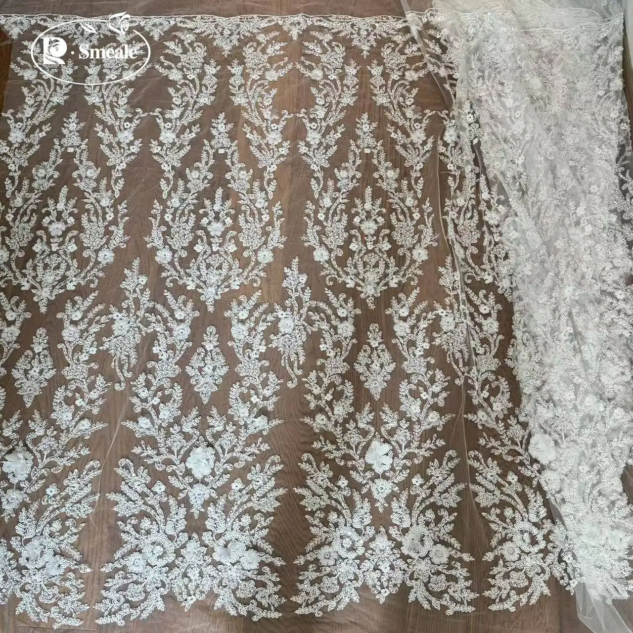 3D-Chiffon-Applikationen-Spitzenstoff mit Glitzernden Pailletten, DIY-Brautkleid, Stoff zum Nähen – Detail 2