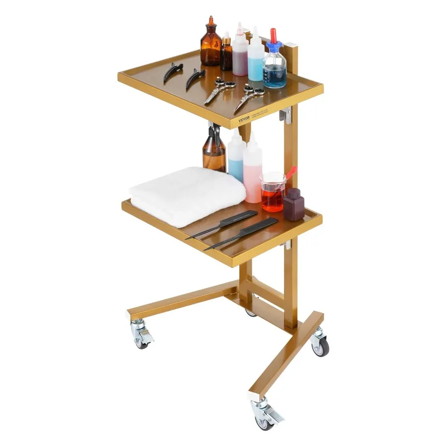 2-stufiger Laborwagen aus Edelstahl mit 2 Tabletts und 4 Silent Wheels Golden