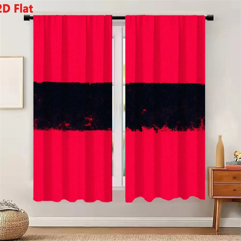 2Pcs Curtains 2D Flat Abstract Composition With Vivid Red Background And Horizontal Irregular Black Stripe Minimalist Modern Sty