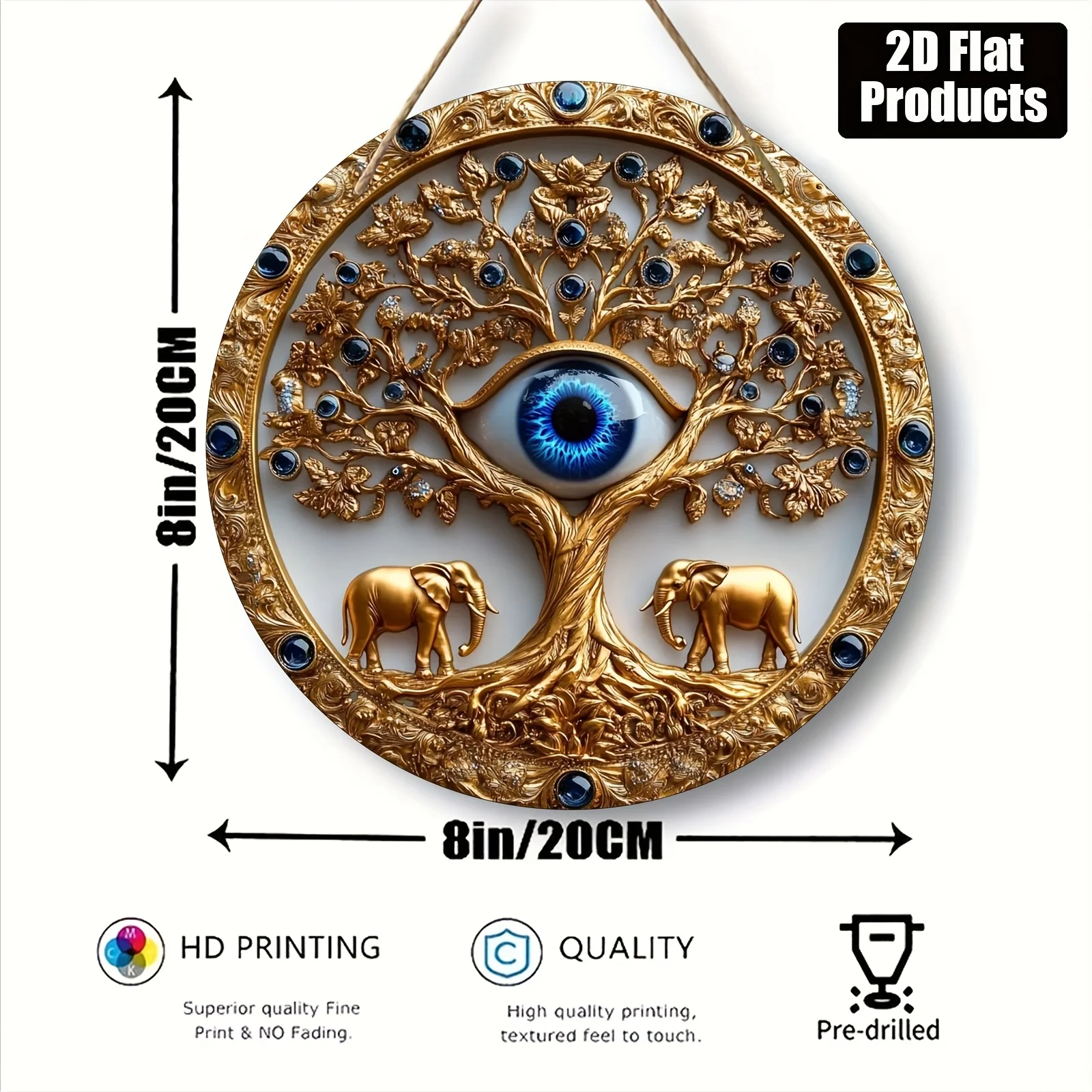 2D Flat, Round Wooden Board Decorative Sign, - Bohemian Style Turkish Evil Eye Pattern Theme. Suitable for Bar Kitchen Cafe Home
