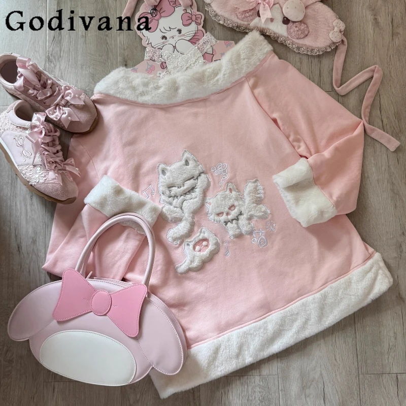 

Japanese Soft Girls Kawaii Pink Hoodies Spring 2026 Student Loose Off-Shoulder Long Sleeve Top Cute Cat Embroidery Sweatshirt