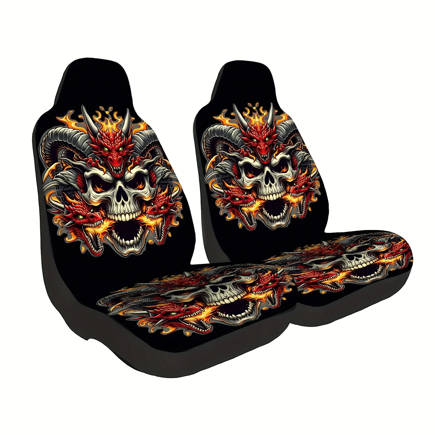Set Of 2 Flame Skull Dragon Pattern Car Seat Covers, Cute Interior Additions For Car Seats, Front Seat Protectors Suitable For C