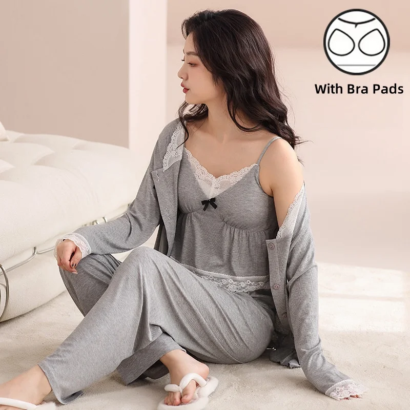 With Chest Pad Threaded Cotton Pajamas Cool Feeling Sling Loose Long Sleeve Loungewear Soft Breathable Three Piece Set 3PCS