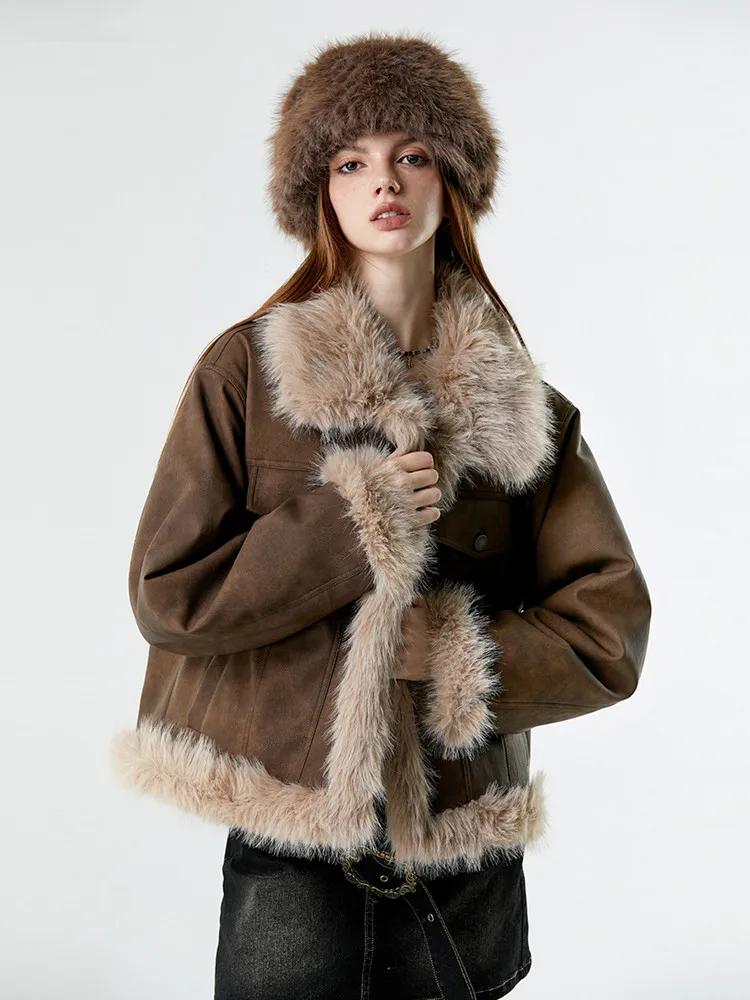 

109-117cm Winter Cothes Women American Retro Short Jacket Coat Thick Warm Fur Motorcycle Suit Fur Integrated Jacket Coat
