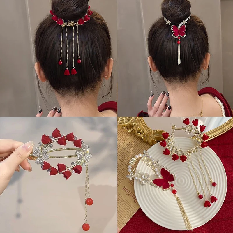 1PCS Tassel Camellia Hair Claw Clip Pill Head Ponytail Buckle Hair Clip Bell Orchid Twist Hair Clip Frog Buckle Hair Grips