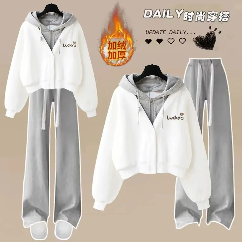 

Осенние женские новые толстовки с капюшоном из двух предметов, широкие брюки, женская модная толстовка 2025, женская лоскутная спортивная рубашка, комплект из двух предметов