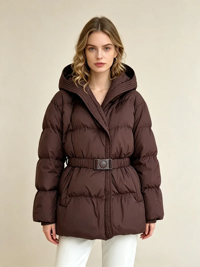 Schinteon Women White Down Jacket with Hood Solid Color Fashionable Autumn Winter Warm Outwear Parka Belt 2026 New Real Pictures