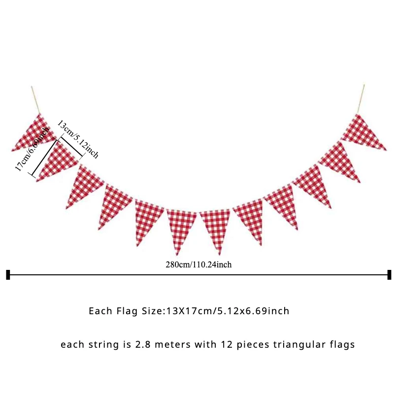Red White Fabric Plaid Checkered Triangle Flag Pennant Garland Wedding Birthday Carnival Picnic Outdoor Party Bunting Decoration