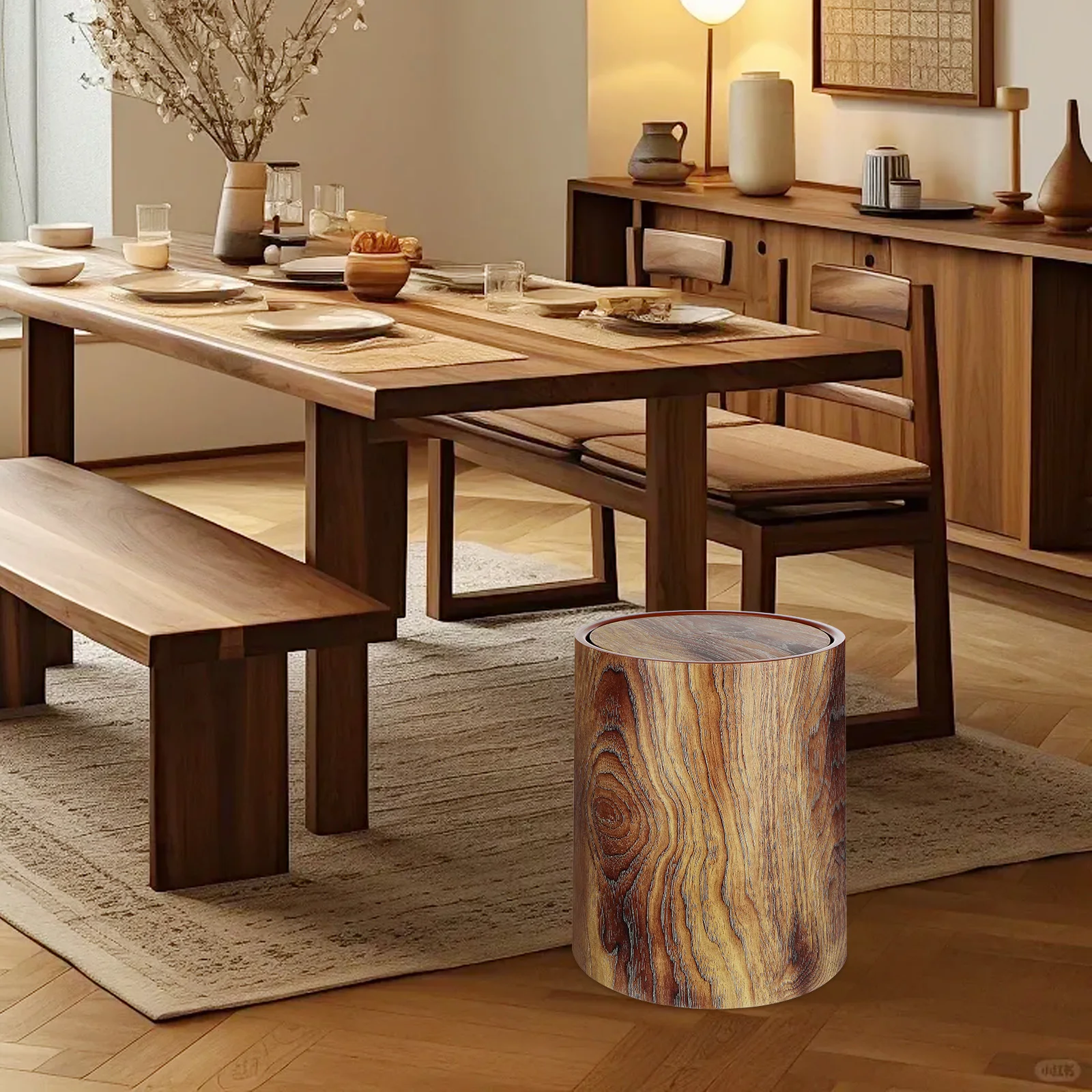 

Imitation Wood Grain Trash Can 12L Flip Lid Waste Bin for Kitchen Bathroom Bedroom Office Plastic Garbage Can Household Bins