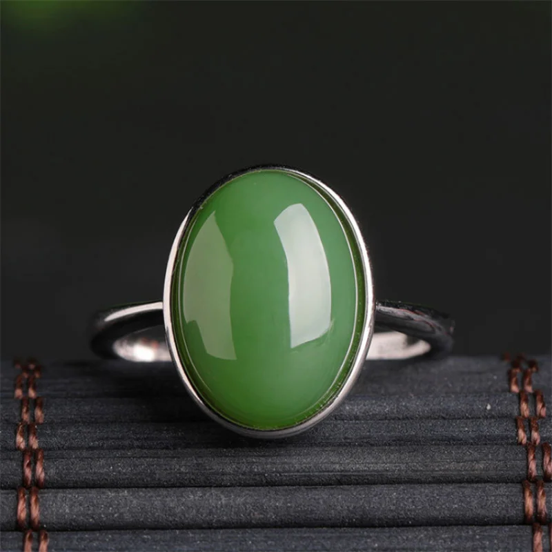 

925 Silver Inlaid Jasper Ring with Certificate of Authenticity Large Oval Green Jade Ring Hetian Jade Women's Ring Open Adjustab