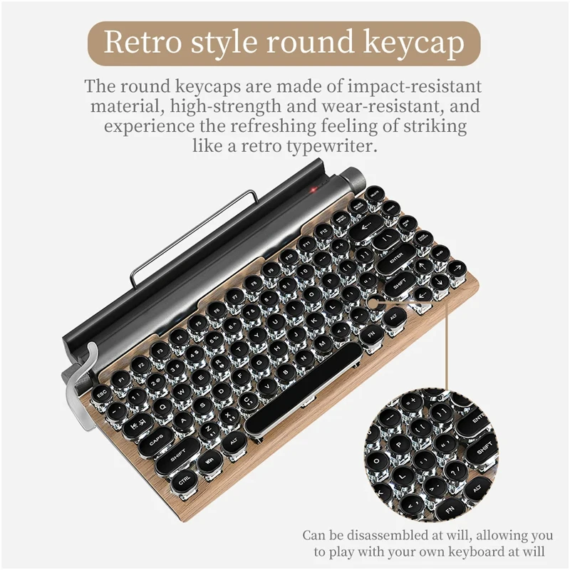 Keyboard Bluetooth nirkabel, Keyboard mesin tik Retro, nirkabel, Keyboard Bluetooth, USB, perangkat Multi koneksi, tombol Punk untuk Desktop PC/ponsel