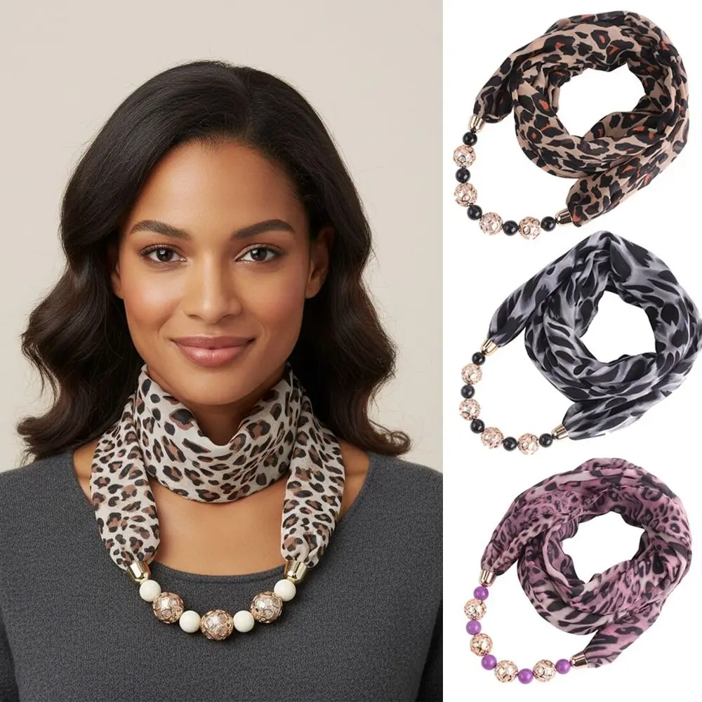 

Foulard Leopard Print Chiffon Scarf Chiffon Pearl Bead Chain Gradient Shawl Sun Protection Neck Scarf Travel