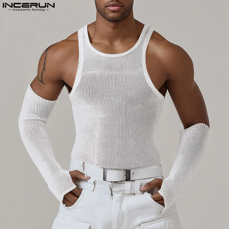 

INCERUN Men Tank Tops Solid Color O-neck Sleeveless With Gloves Knitted Male Vests Streetwear Summer 2025 Fashion Thin Tops Men