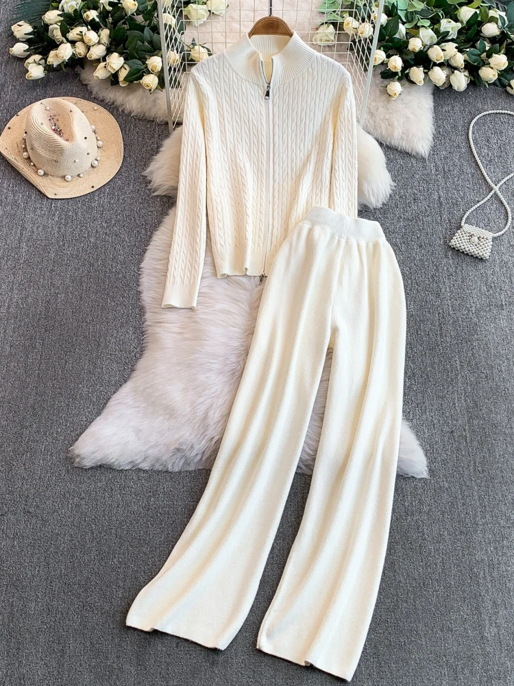 Ensemble deux pièces décontracté pour femmes, automne et hiver, doux et chic, fermeture éclair, tricot, col montant, manteau, taille haute, pantalon à jambes larges