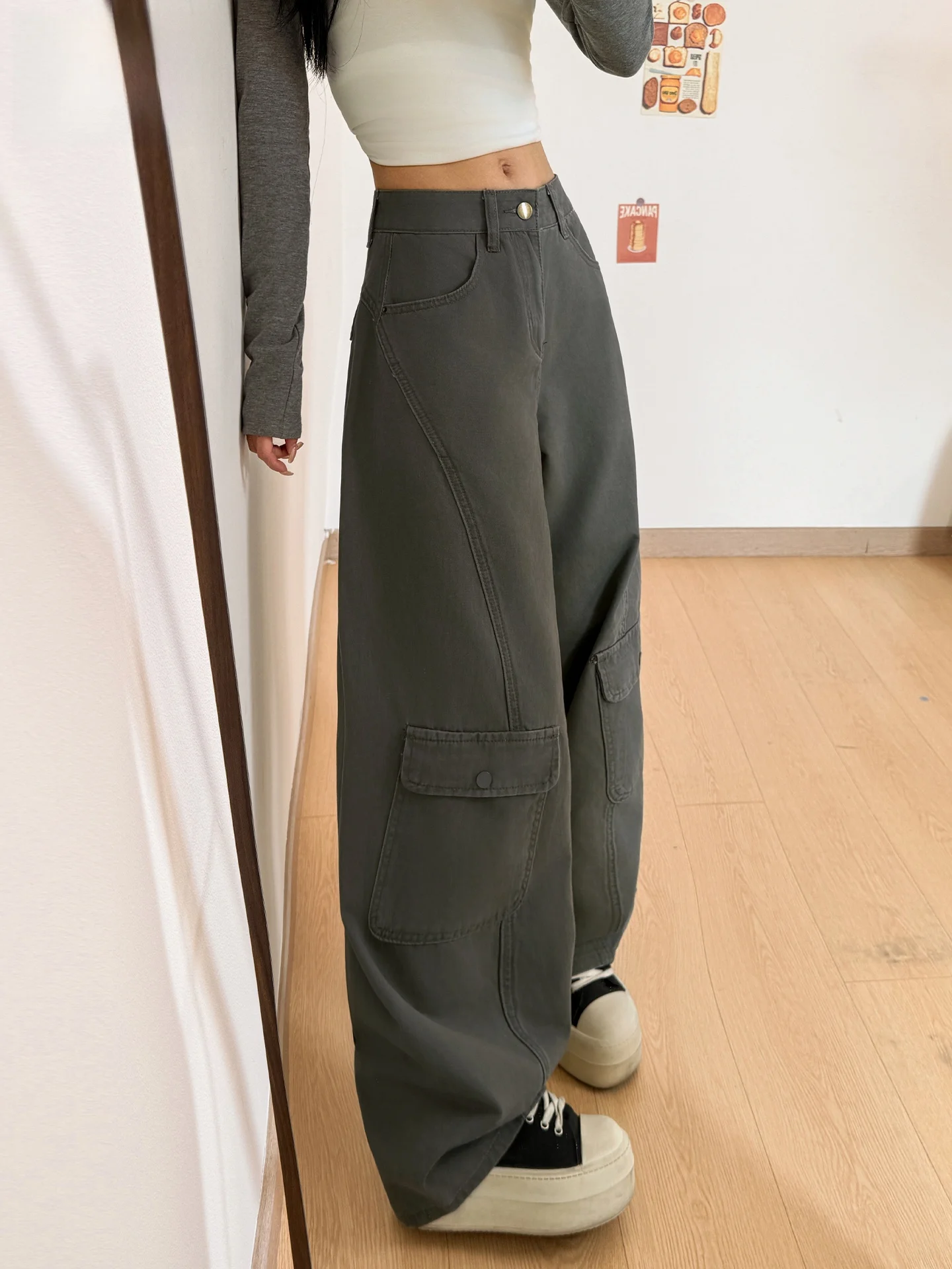 

Свободные джинсы в стиле американской рабочей одежды цвета хаки, женские летние широкие брюки с высокой талией для повседневной носки
