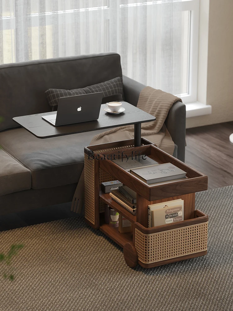 Solid Wood Lifting Coffee Table Movable Trolley Bus Side Table Black Walnut Home Rotating Living Room