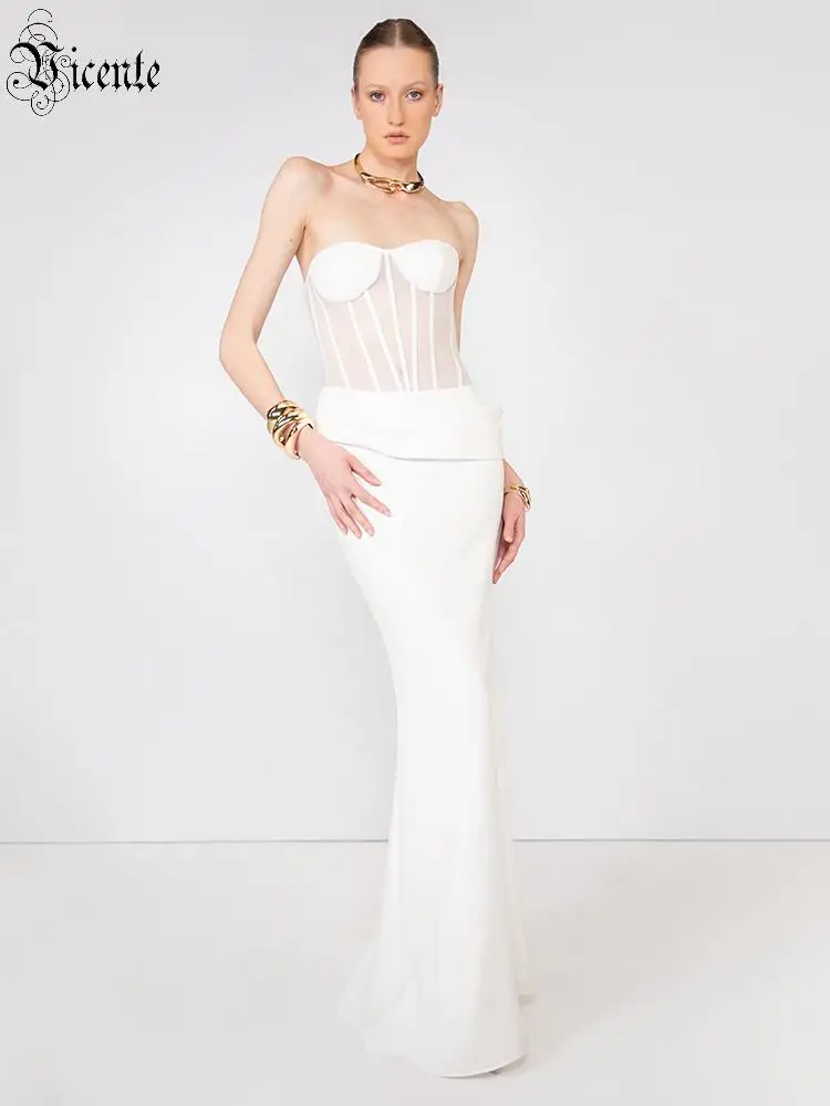 VC Elegante vestido de novia sencillo con corsé blanco – Vestido largo sin tirantes con corpiño transparente para mujer Vestido de compromiso minimalista moderno