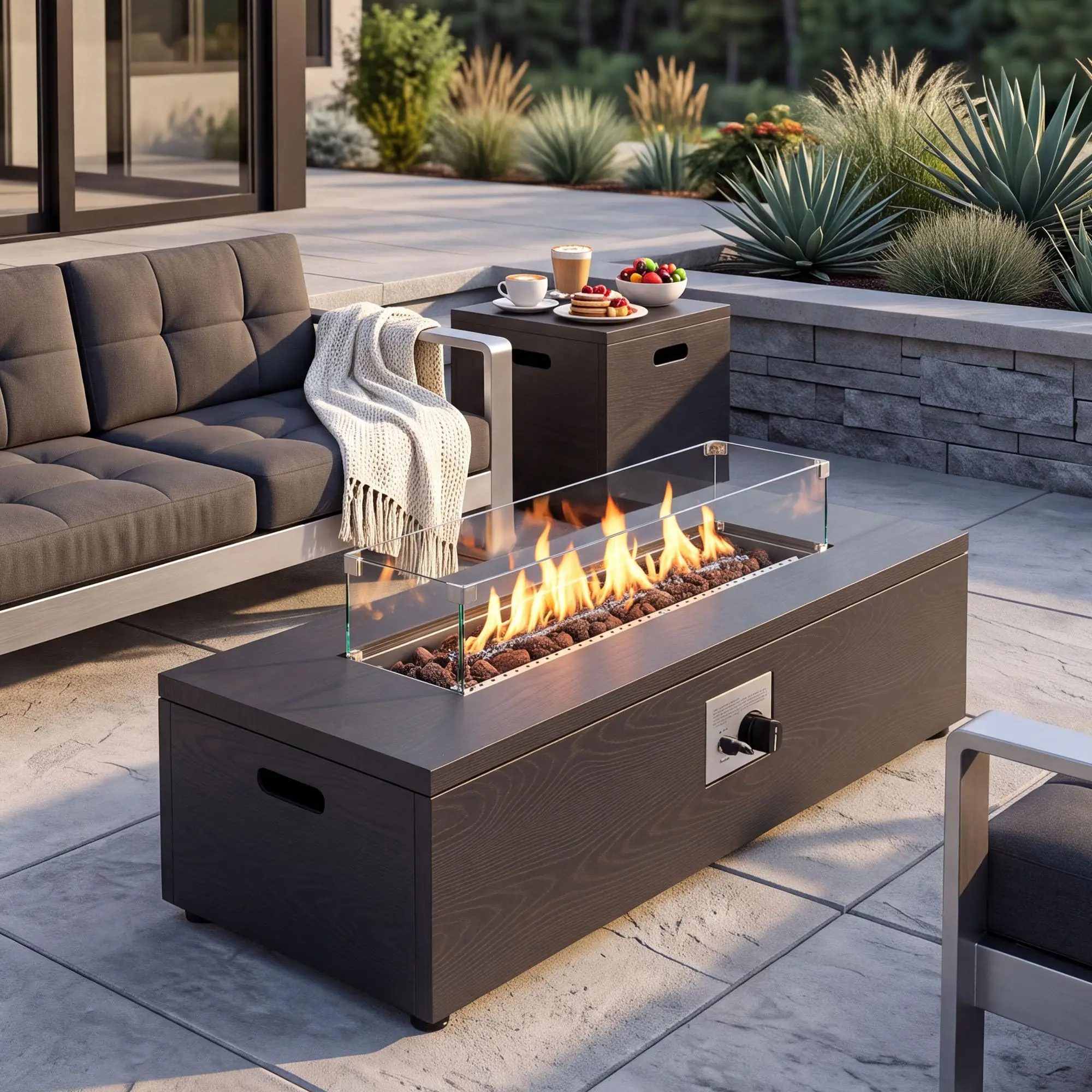 42inch Outdoor Fire Pit Table Firepit for Outside, 50,000 BTU Rectangle Metal Fire Pit with Tank Hidden Table, Wind