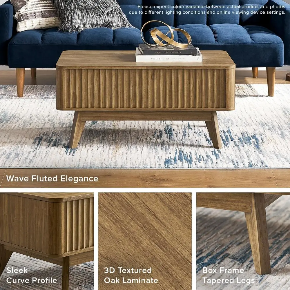 Mid Century Modern Farmhouse Coffee Table with Lift Top and Storage, Fluted Panel, Walnut Finish