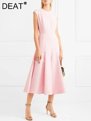 DEAT Fashion Women's Dress O-neck Sleeveless Waist Retraction Folds Zip Pink Slim Mid-calf Dresses Summer 2024 New Tide 7AB3663