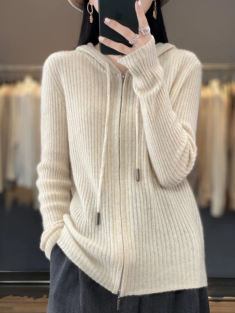 Autumn Winter 100% Merino Wool Sweater Soft Ribbed Women Drawstring Hooded Zip Knit Cardigan Free Shipping Women Clothes