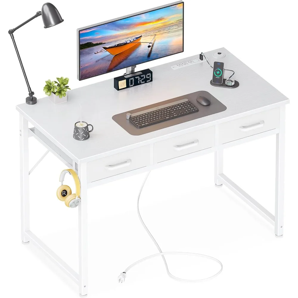 

40 Inch Small Computer Desk with 3 Fabric Drawers, Office Desk with USB/Type-C Charging Ports & Power Outlets