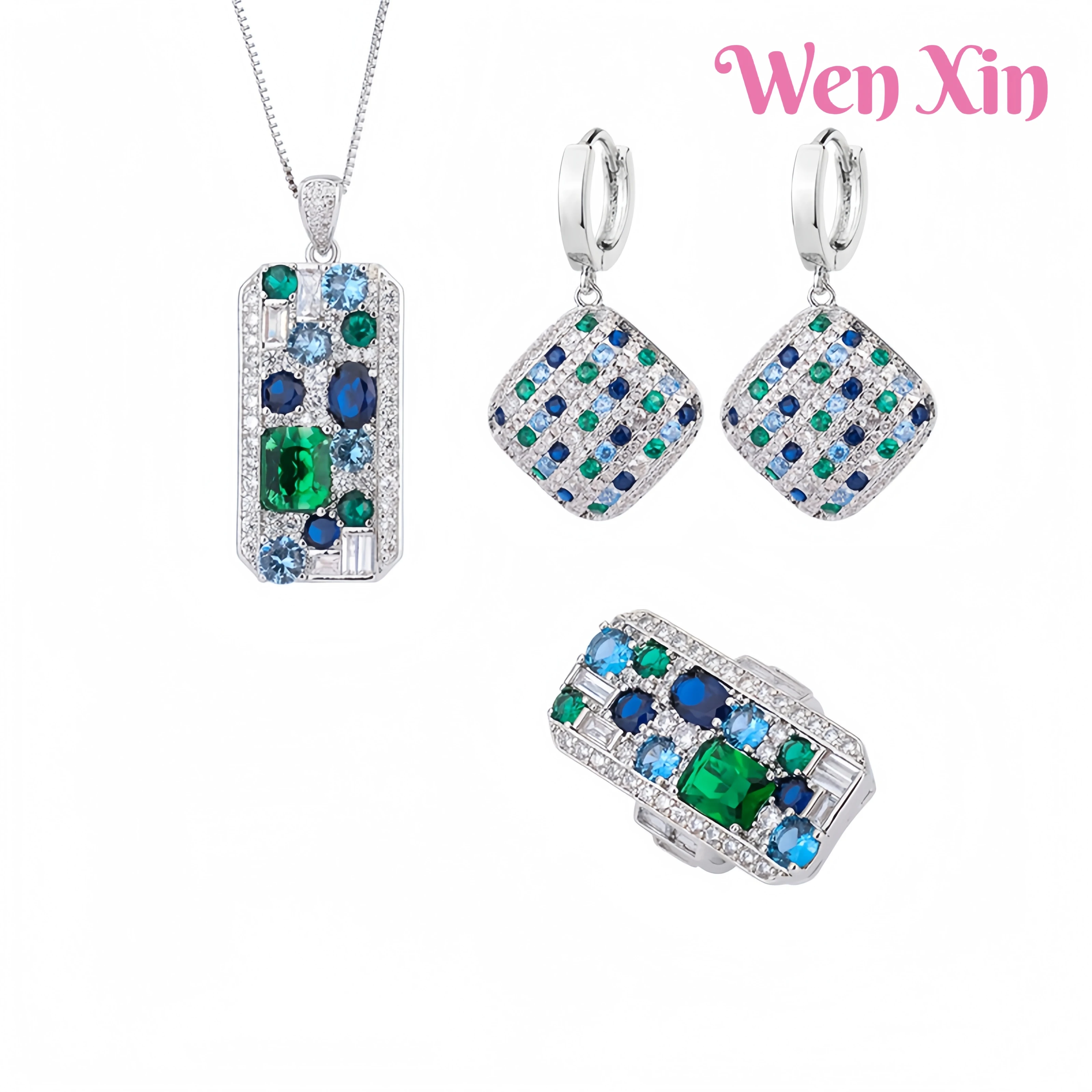 

WENXIN Brand MUSHAN New Top Grade Copper Dold-Plated Large Square Color Blocked Diamond Inlaid Ring Earring Set Jewelry