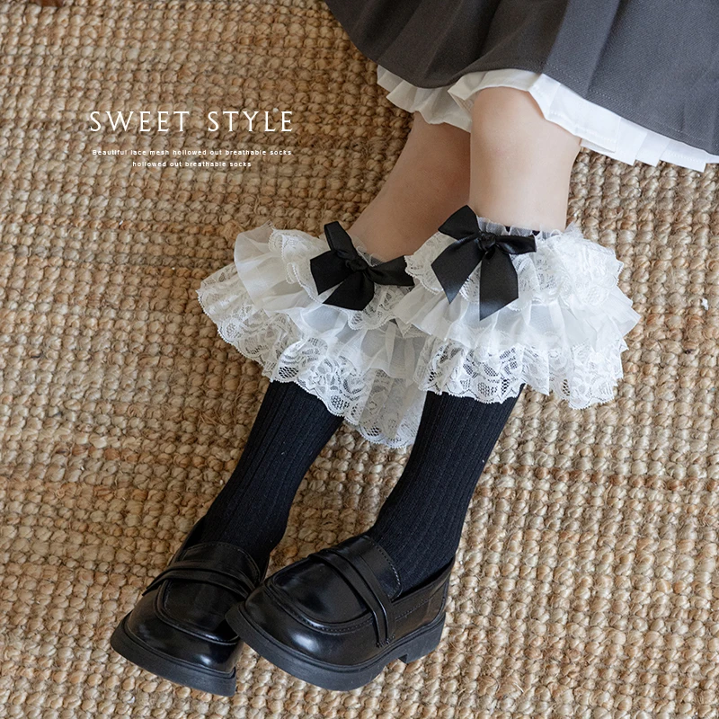 Cute Girls Long Stackable Slouch Stockings Decorated With Bowknot Multi Layer Oversized Lace Ruffle Edge Comfort Stretchy Socks